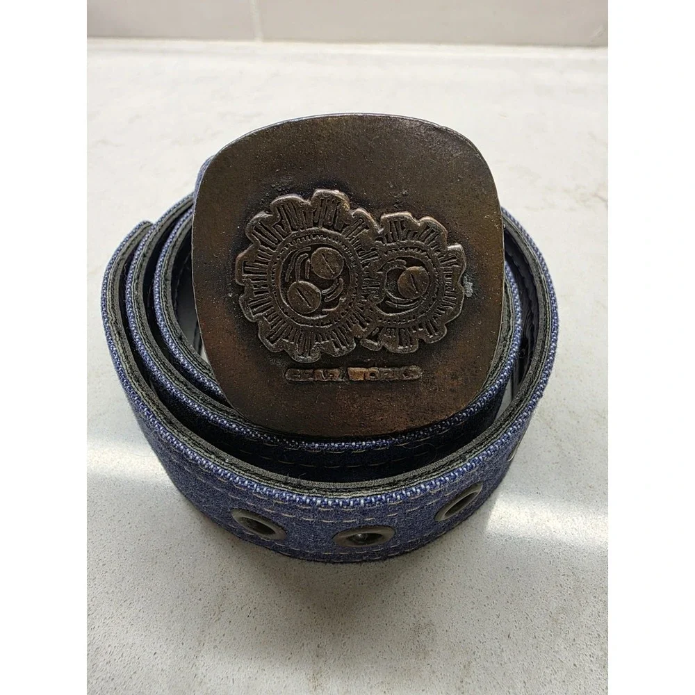 Y2K Gear Works Industrial Belt 30 Blue Canvas Leather Grommet Buckle
